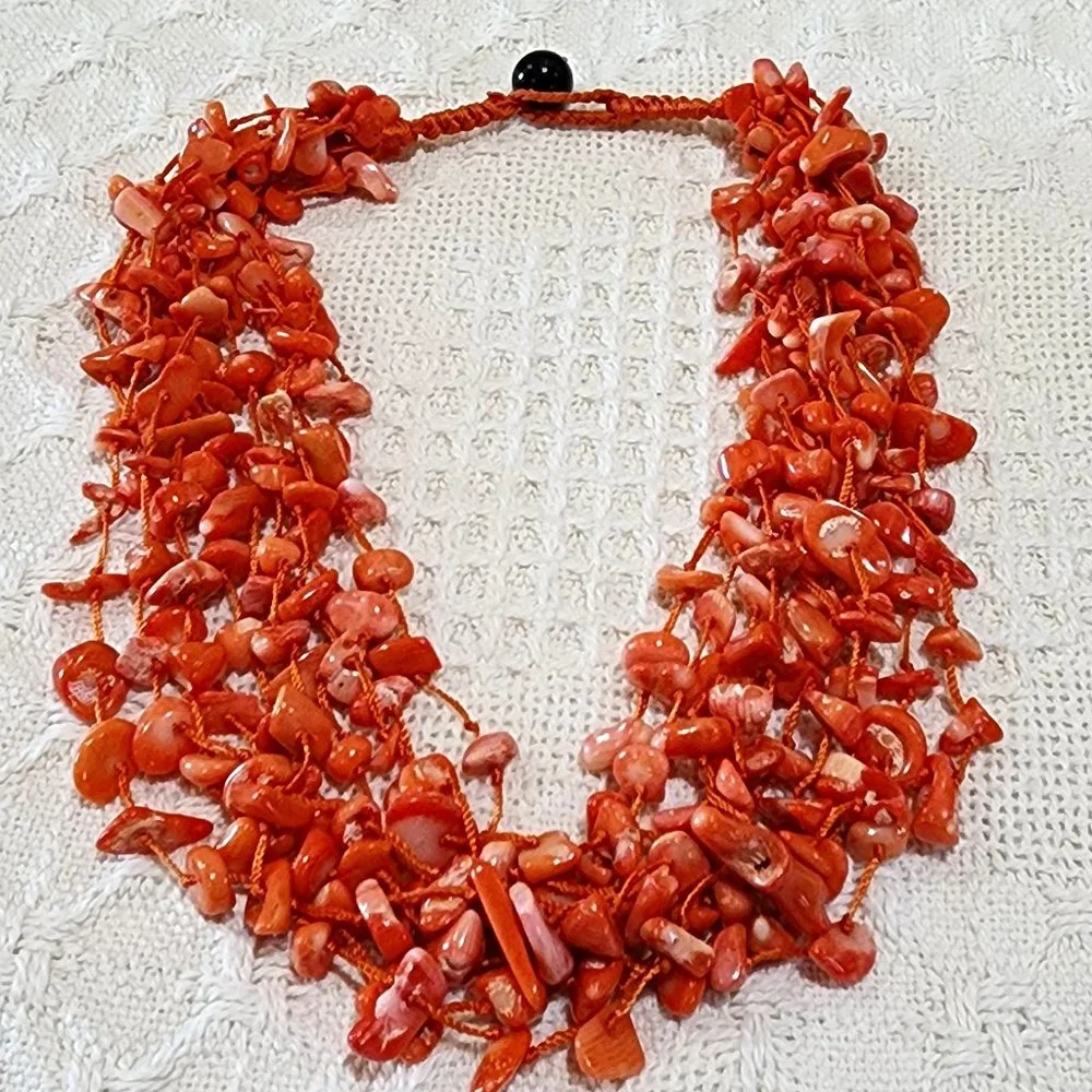 Artisan Mid-Century MCM Orange Coral Abalone Shell 10-Strand Statement Necklace